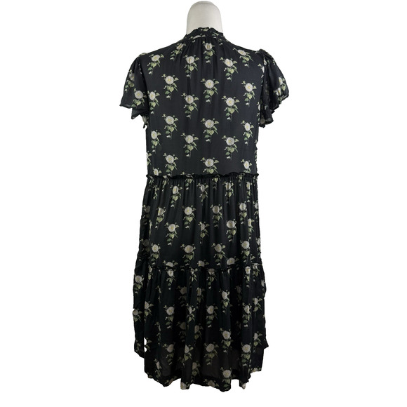 Anthropologie Black Daisy Floral Dress Small Sheer Mini V Neck Ruffle Sleeve - Picture 8 of 14